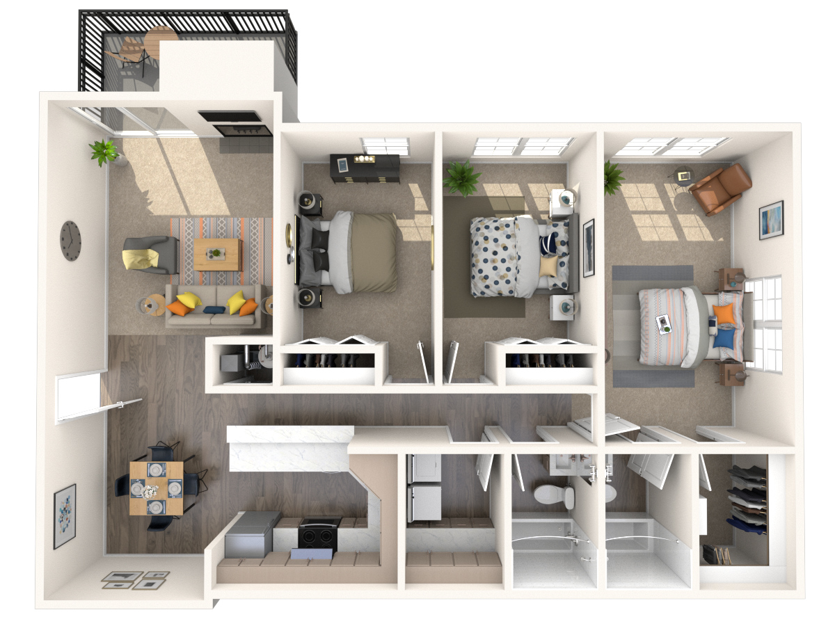 Floor plan for 3 beds, 2 baths, 1200 sqft